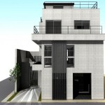 外観 正面 コンクリート打放しに アルミ格子で装飾