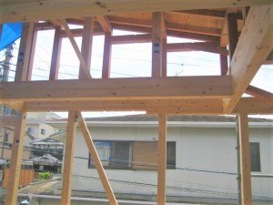 2階リビングの勾配天井のモダンなデザインの注文住宅工事中・構造金物取付