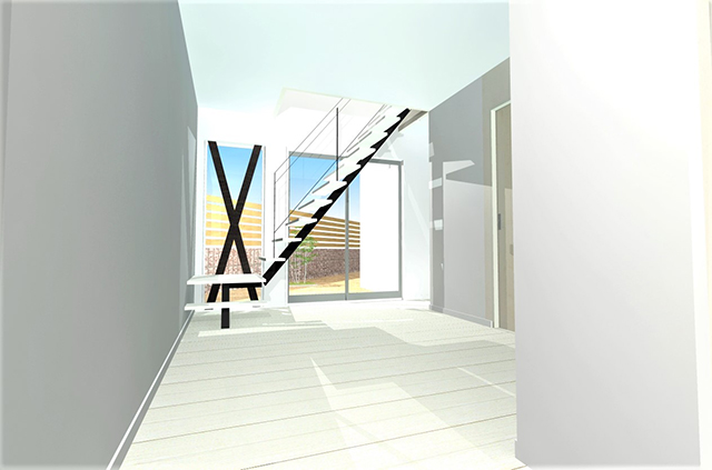 広い玄関ホールにオープン階段、ウッドデッキとつながるサブリビングとして使用出来ます。