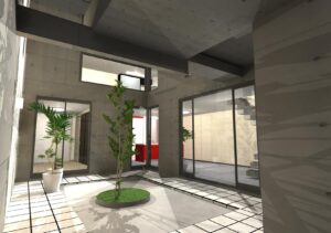 コンクリート塀で囲まれた防犯性の高いい家