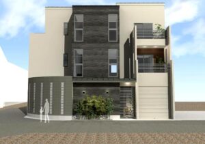 注文住宅プラン！｜外壁には天然石のナチュラルロブソン　玄関面　R部壁にはガラスブロック,内部はタイル張りのパティオ