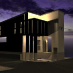 高低差のある家の夜間の外観