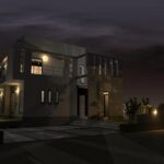 夜間にライトアップされた注文住宅の外観