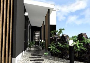 古い離れの前の既存の庭を残したアプローチ