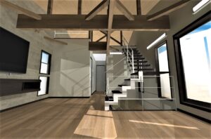 ２階リビング天井は勾配天井で開放感抜群