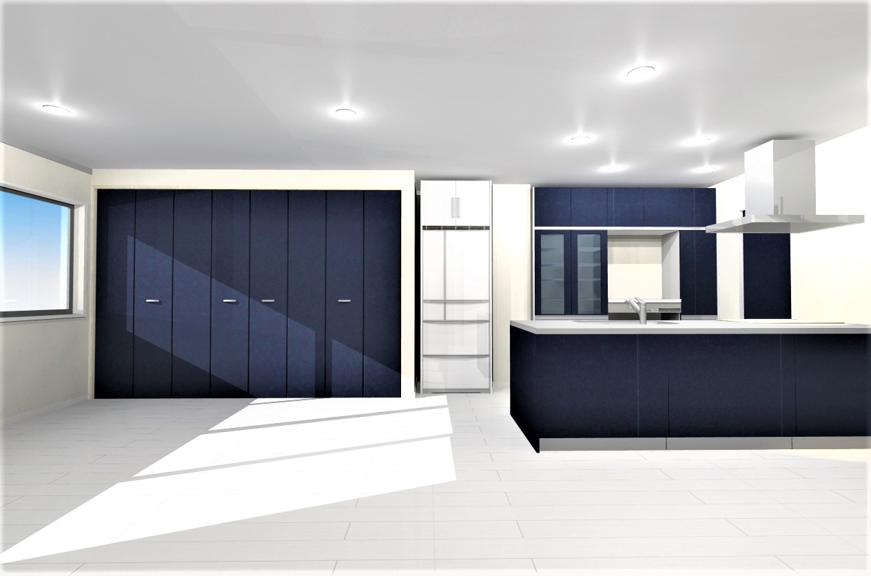 ブルーで統一されたスタイリッシュな空間のキッチン