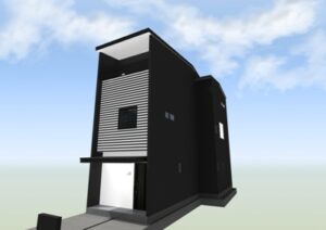 外観正面　敷地間口4mの狭小間口に 格子を小間返しで取り付けた和風モダン