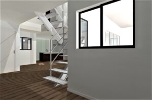 24帖のLDK中心に特注の鉄骨階段