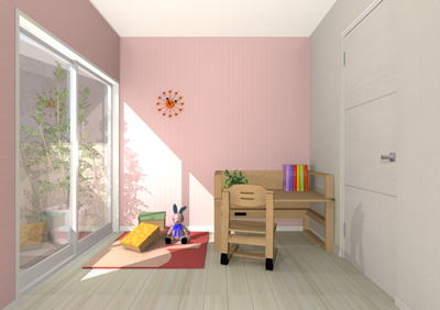 ピンクの壁紙でアクセントをつけた可愛いらしい子供部屋