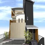 白と黒のベースカラーに木の格子がアクセントとなったナチュラルな外観