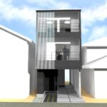 京都市下京区・狭小住宅・黒い外壁に格子の外観、居酒屋風リビングに螺旋階段