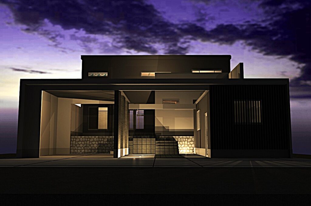 敷地120坪・1.2mの高低差のある敷地にビルトインガレージ2台・住居部と事務所3