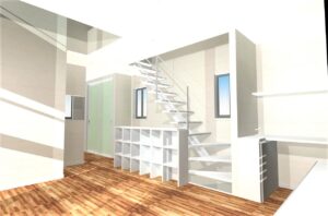 和モダン狭小住宅、木造３階建てCG
プランリビング鉄骨階段