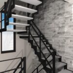 13.9坪の狭小地に吹き抜け階段を備えたスタイリッシュな木造3階建ての住宅。デザイン性と機能性を兼ね備えた快適な住まい。