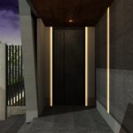 京都市西京区・150坪の敷地に計画・ホテルライフ・防犯性の高い高級注文住宅・地下駐車場から各階と直結する要塞のような住宅,玄関