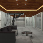 石張りの壁リビング、京都市西京区で150坪の敷地に建つ「ホテルライフ」を実現する和モダン高級注文住宅