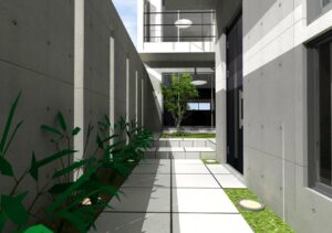 RC造注文住宅 6.5mの玄関アプローチ、特注のスライド門扉と格子。鉄骨角パイプをベースフレームでフラットバーの厚さ6㎜を格子状で門扉を制作、鉄板で制作した引手にはシリンダー鍵を埋め込み防犯性能をUP！