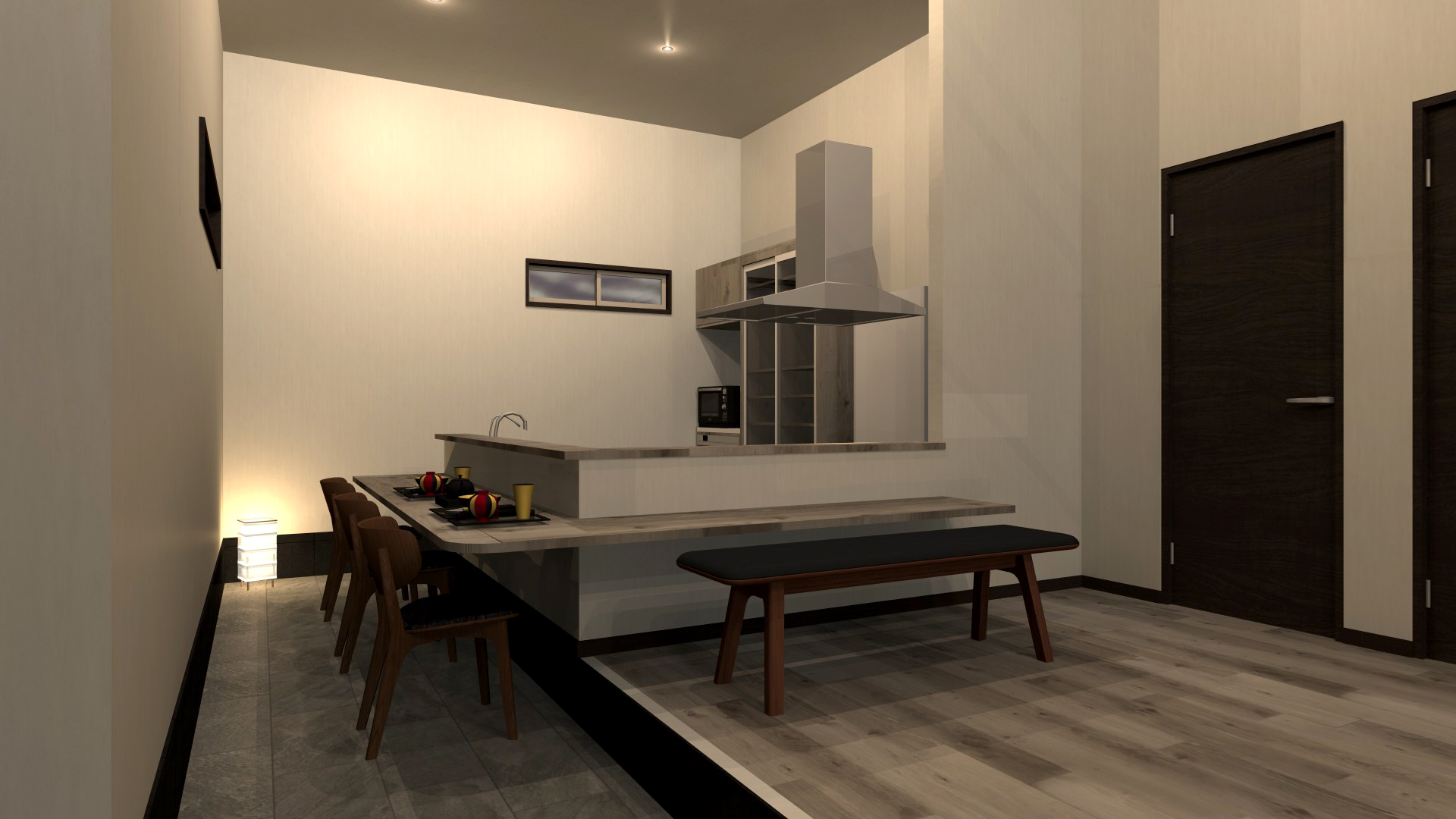 宇治、高低差のある土地、和モダン、スキップフロア、ビルドインガレージ、土間座敷、居酒屋キッチン