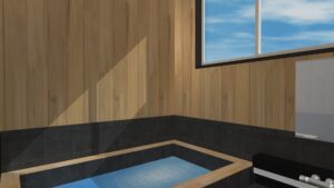 浴室には、木目調タイルを全面に採用し、浴槽もタイル張りで作ることで、温泉宿風を実現