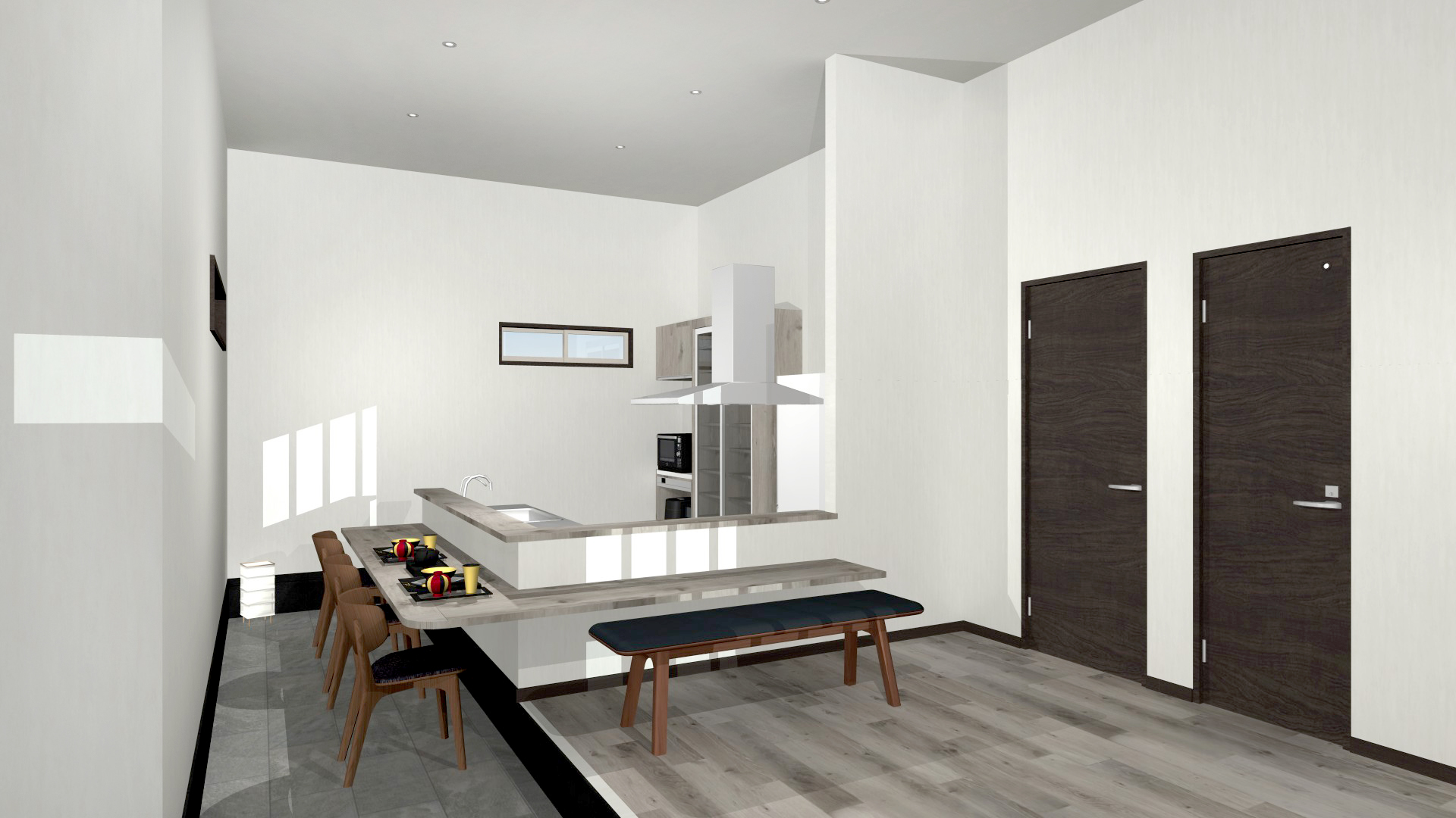 宇治、高低差のある土地、和モダン、スキップフロア、ビルドインガレージ、土間座敷、居酒屋キッチン