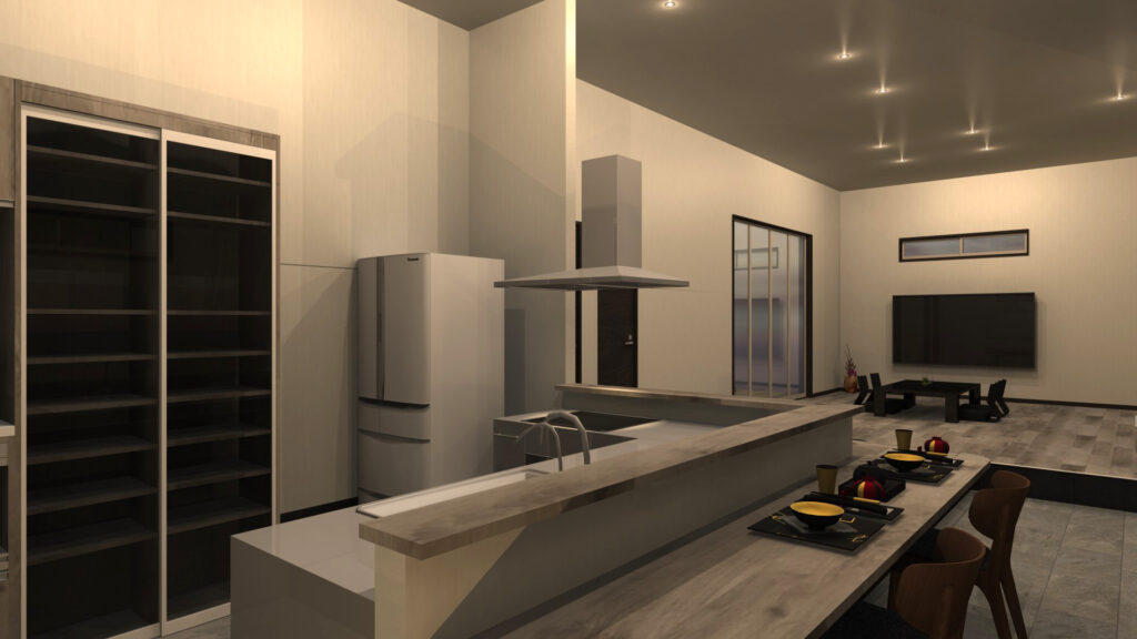 宇治、高低差のある土地、和モダン、スキップフロア、ビルドインガレージ、土間座敷、居酒屋キッチン