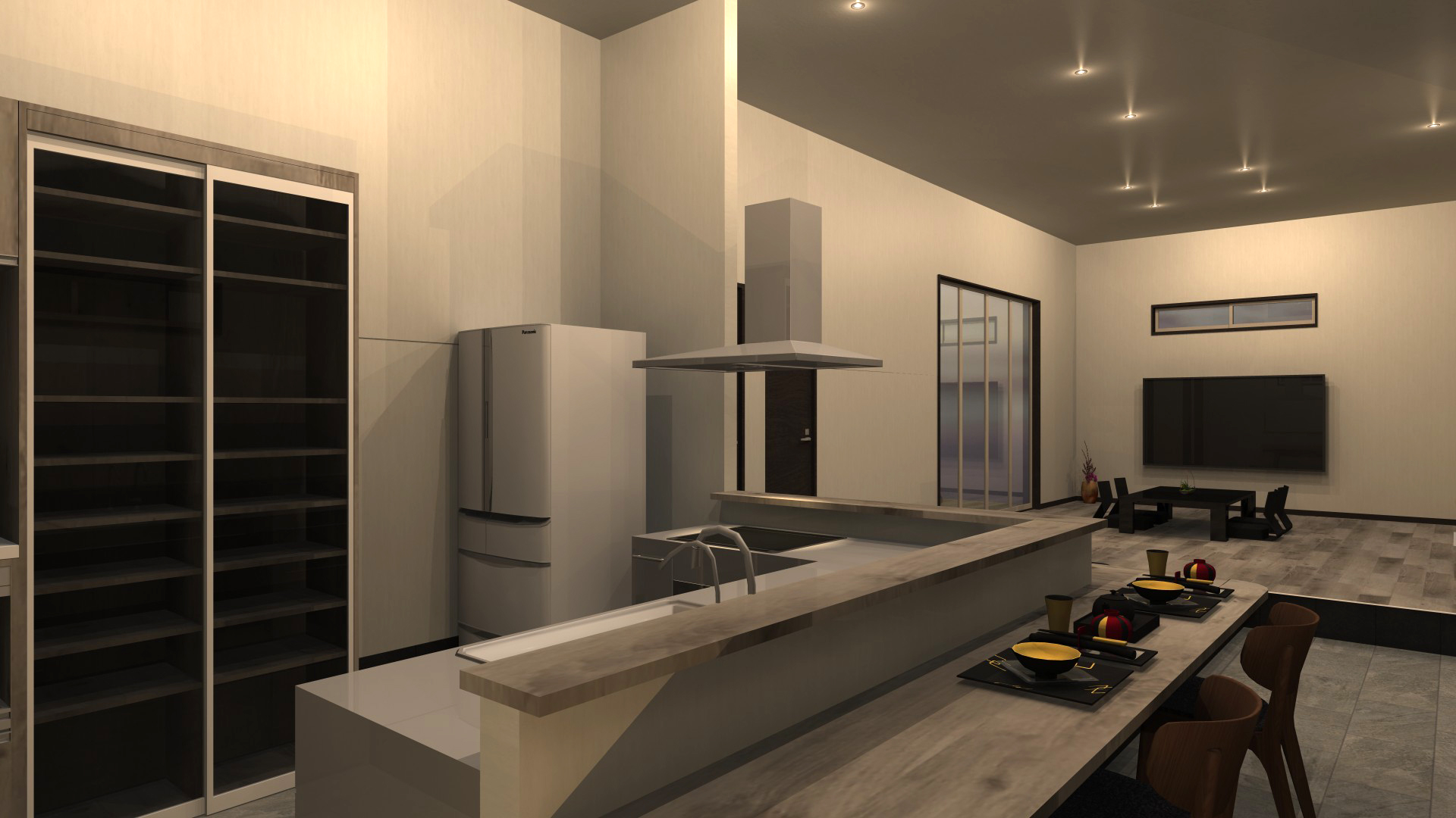 宇治、高低差のある土地、和モダン、スキップフロア、ビルドインガレージ、土間座敷、居酒屋キッチン