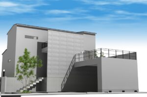 京都府宇治市の家、高低差のある土地にビルトインガレージ2台、土間キッチン３