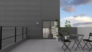 京都府宇治市の高低差のある土地に建つ、ビルトインガレージ付き和モダン注文住宅・駐車場屋根に15帖バルコニーテラス