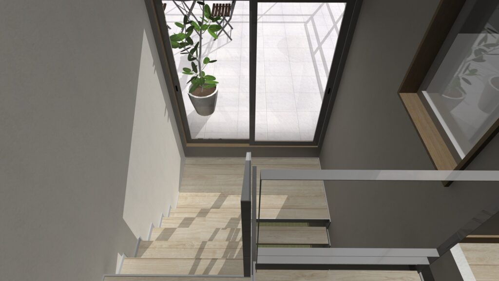 京都府宇治市の高低差のある土地に建つ、ビルトインガレージ付き和モダン注文住宅・階段踊場からバルコニーテラス