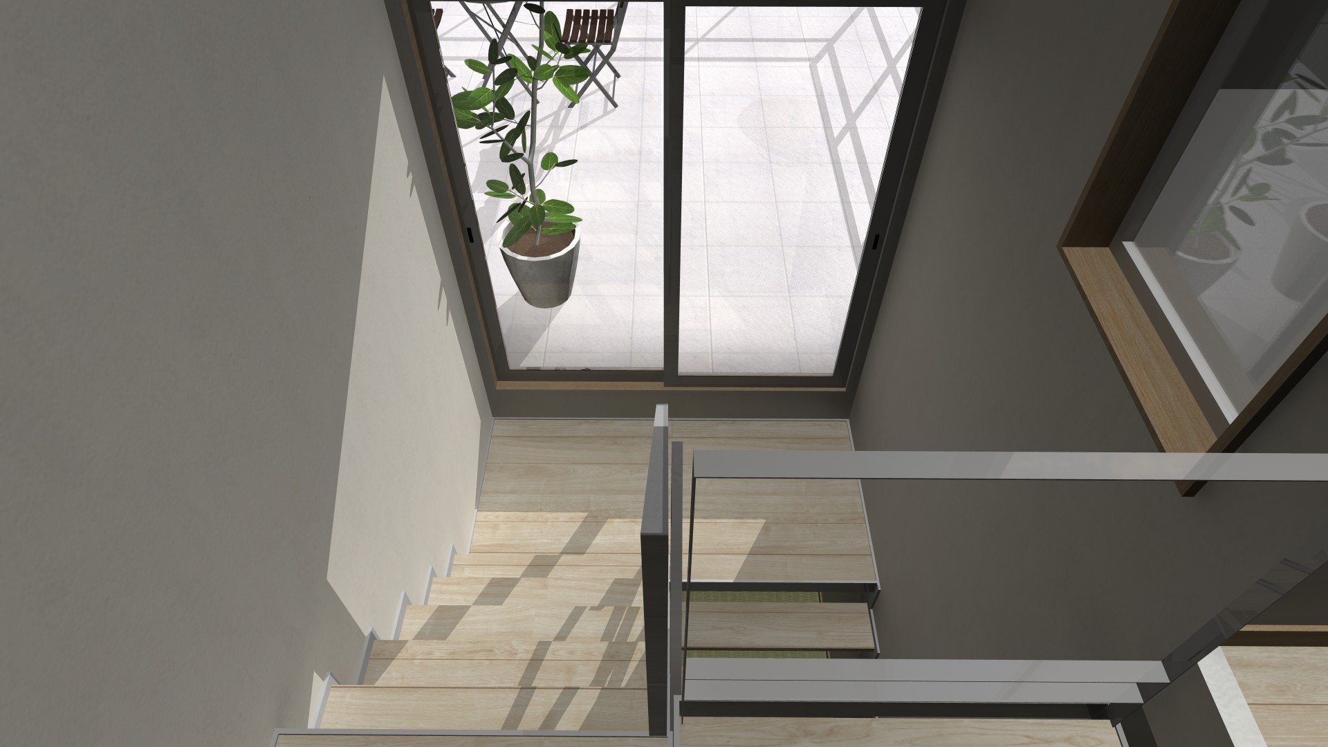 階段の踊り場を単なる通過点にせず、そこから直接アクセスできる広いバルコニー