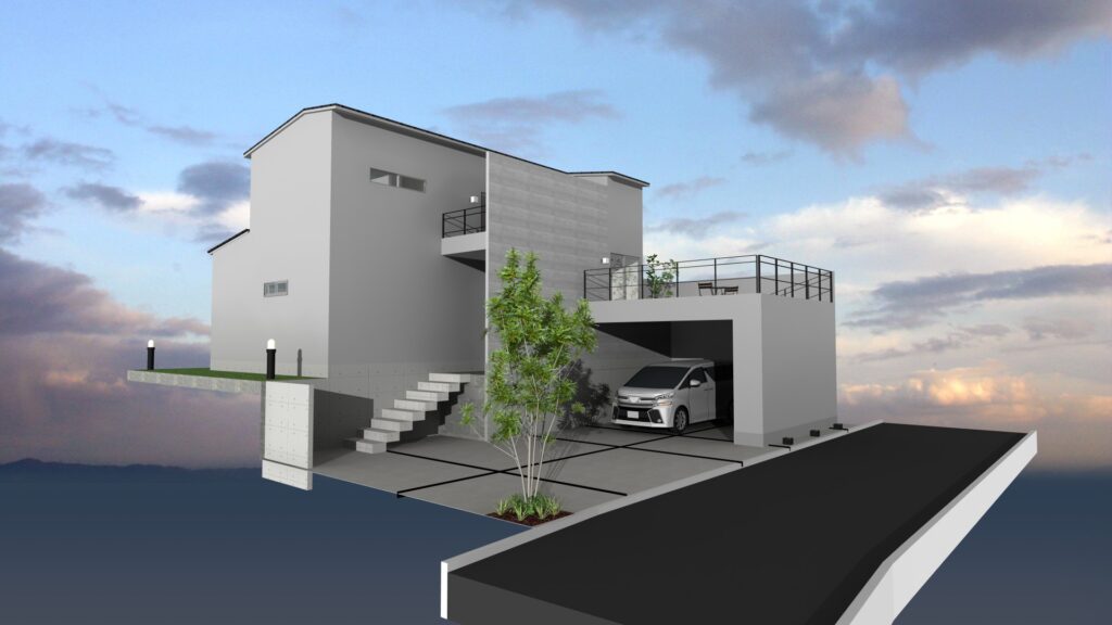 京都府宇治市の高低差のある土地に建つ、ビルトインガレージ付き和モダン注文住宅外観1