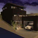 傾斜地を活かした3階建てガレージハウス計画ー山科に生まれる立体動線の住まい、外観、ビルドインガレージ、吹き抜け階段、スライドフロア