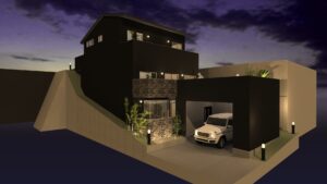傾斜地を活かした3階建てガレージハウス計画ー山科に生まれる立体動線の住まい、外観、ビルドインガレージ、吹き抜け階段、スライドフロア